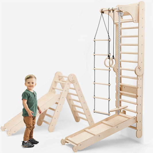 6-in-1 indoor climbing wall: wall bars, gymnastic rings, hanging ladder, disc swing, slide and pull-up bar for children