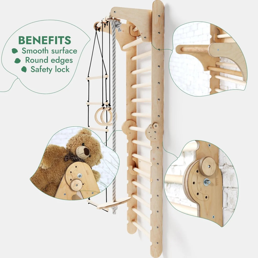 6-in-1 indoor climbing wall: wall bars, gymnastic rings, hanging ladder, disc swing, slide and pull-up bar for children
