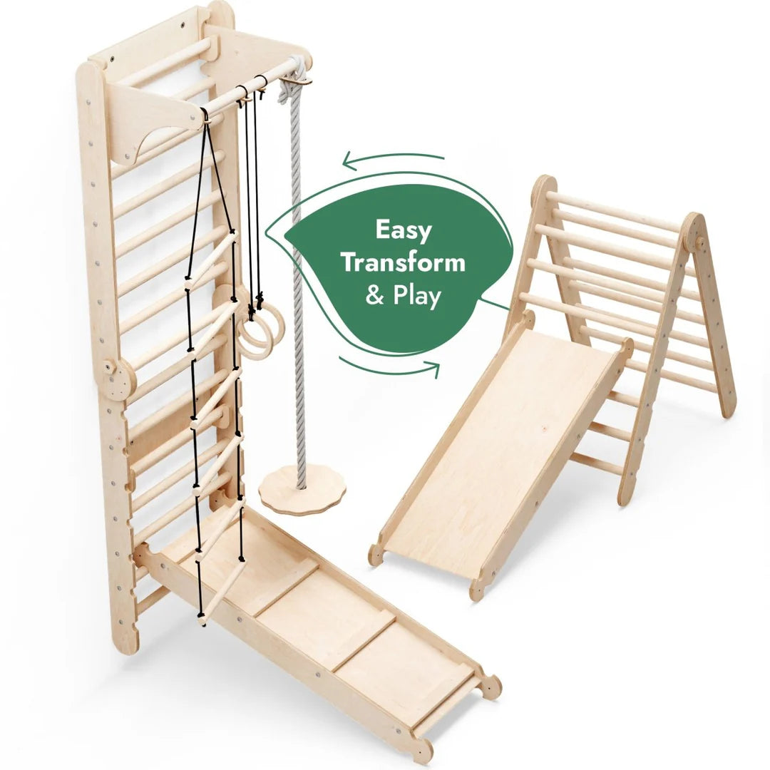 6-in-1 indoor climbing wall: wall bars, gymnastic rings, hanging ladder, disc swing, slide and pull-up bar for children