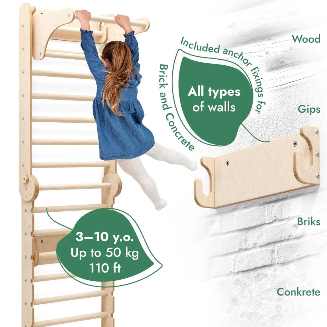 6-in-1 indoor climbing wall: wall bars, gymnastic rings, hanging ladder, disc swing, slide and pull-up bar for children