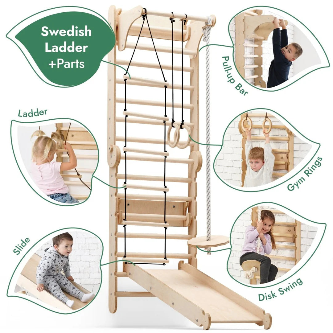 6-in-1 indoor climbing wall: wall bars, gymnastic rings, hanging ladder, disc swing, slide and pull-up bar for children